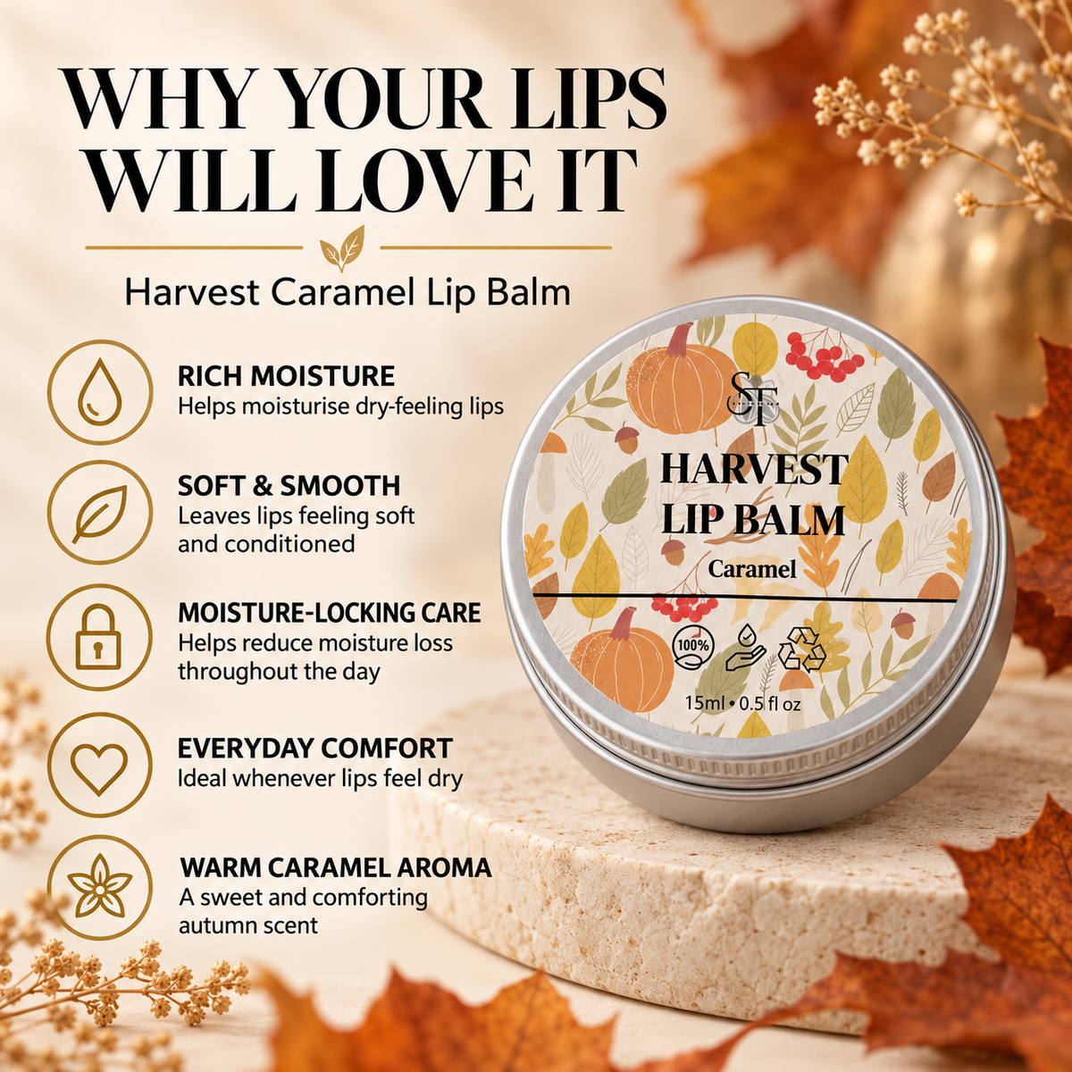 Caramel Lip Balm | Natural Shea Butter Moisturising Lip Care 15ml