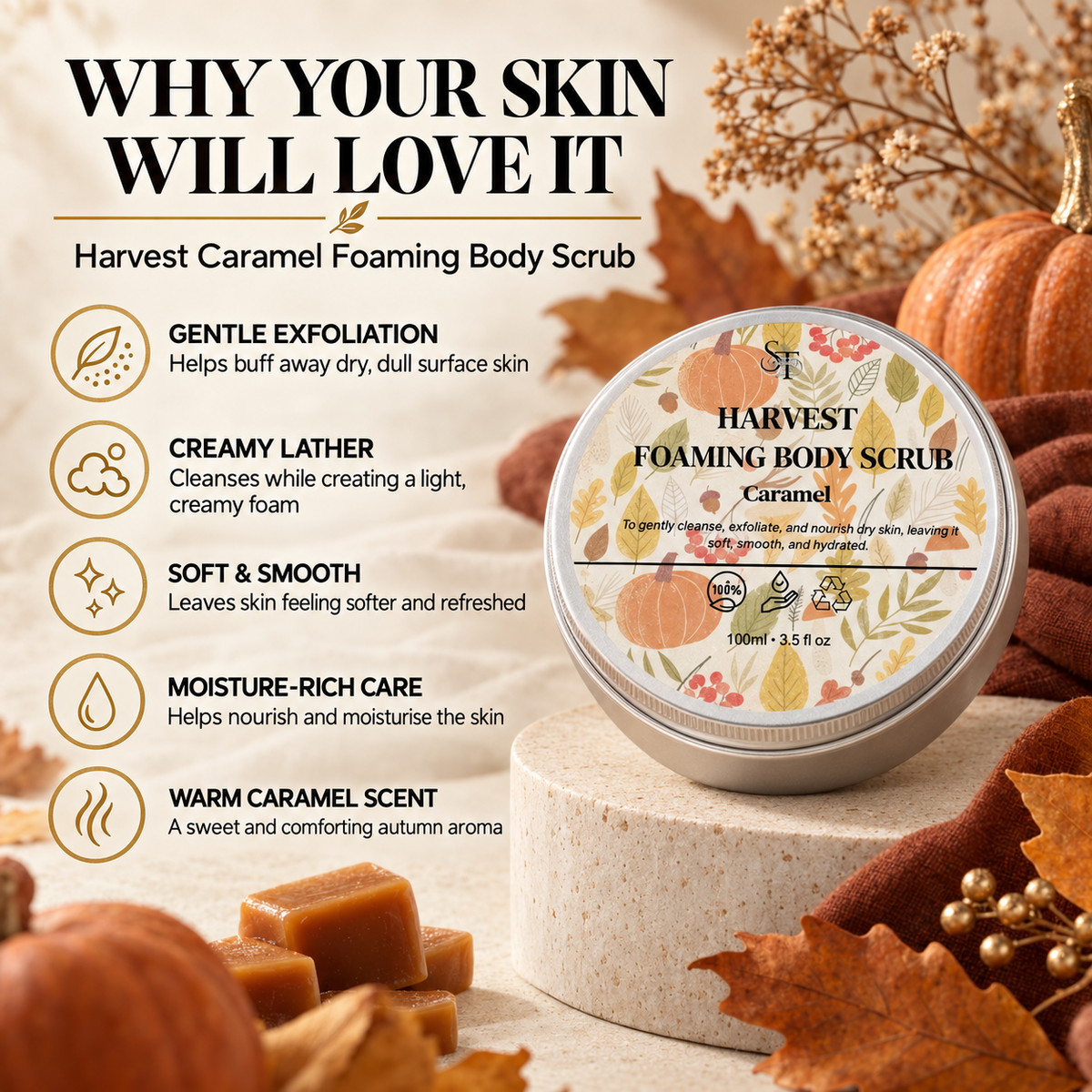 Caramel Foaming Body Scrub | Exfoliating & Nourishing Cleanser 100ml