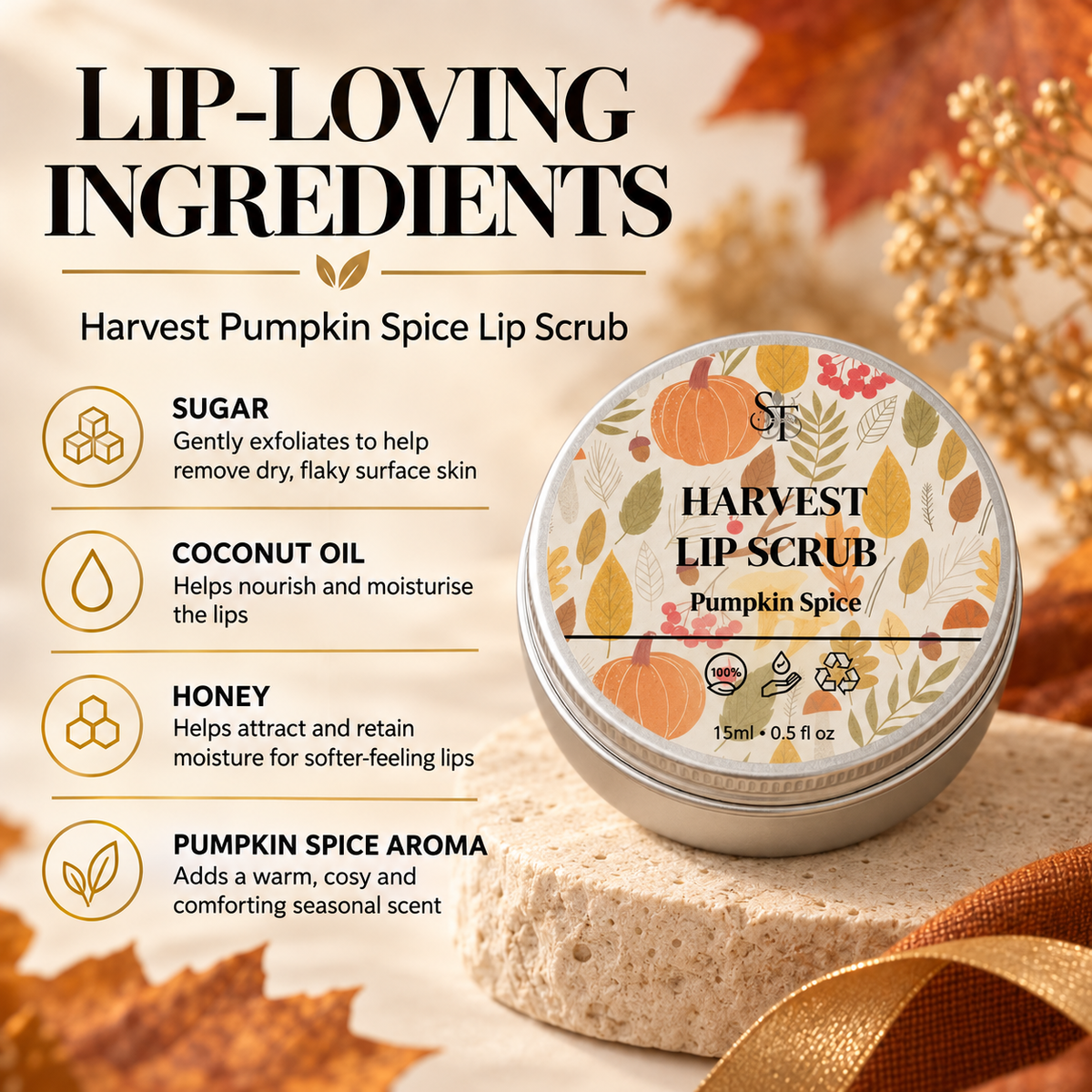 Pumpkin Spice Lip Scrub | Natural Lip Exfoliator 30ml
