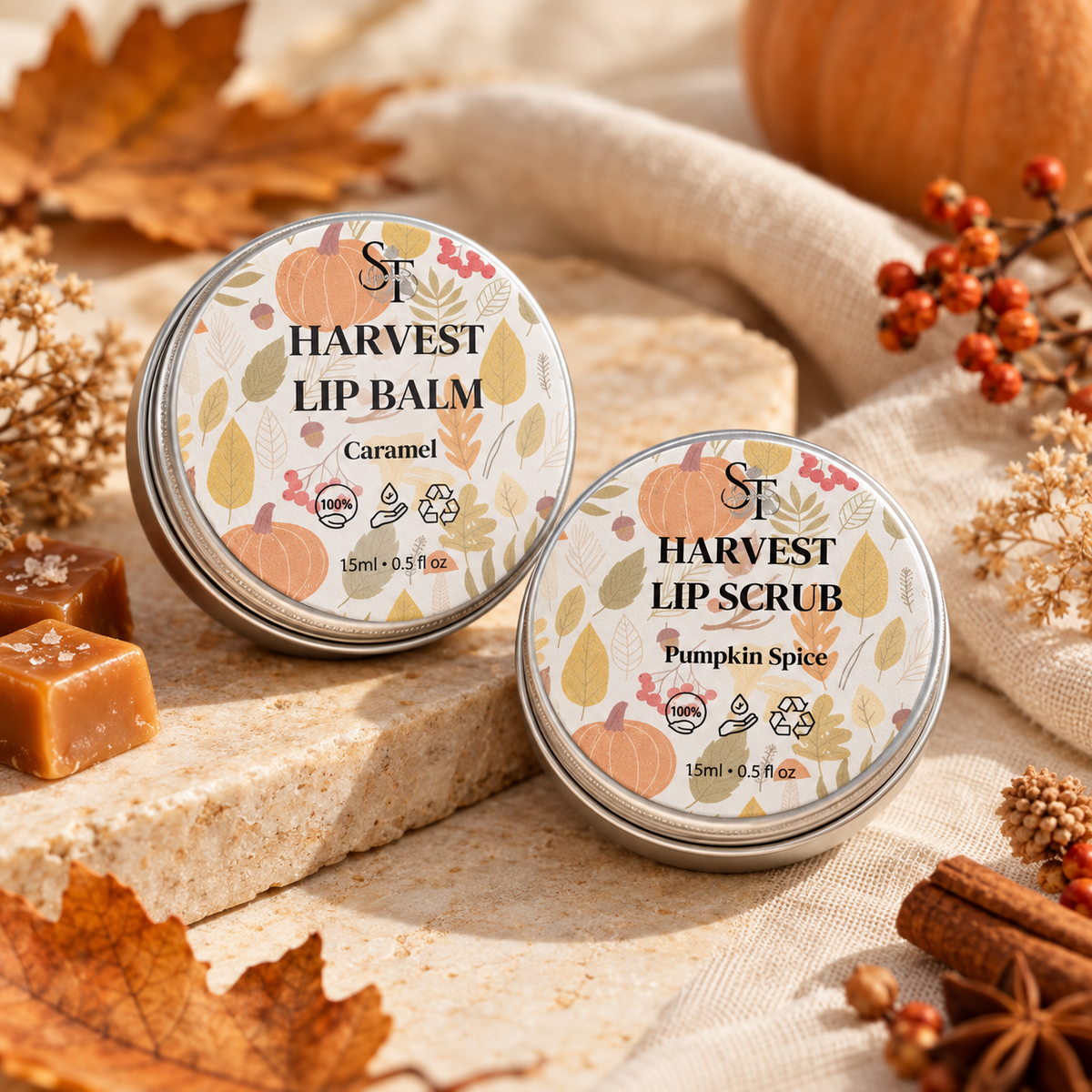 Pumpkin Spice Lip Scrub & Caramel Lip Balm Care Duo | Natural Lip Care