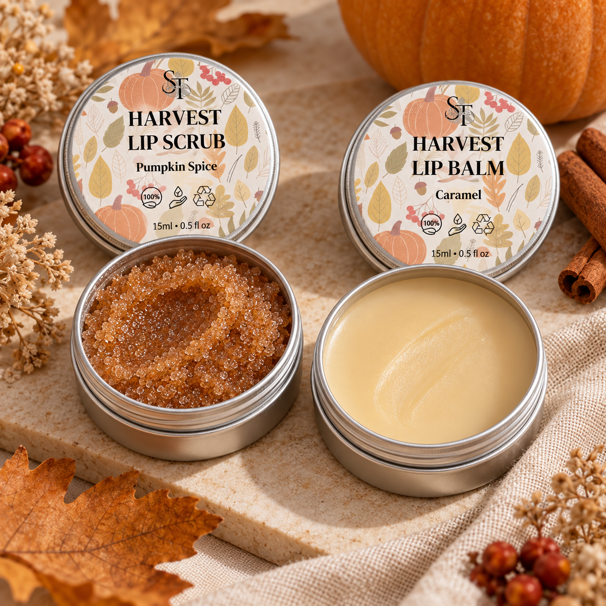 Pumpkin Spice Lip Scrub & Caramel Lip Balm Care Duo | Natural Lip Care