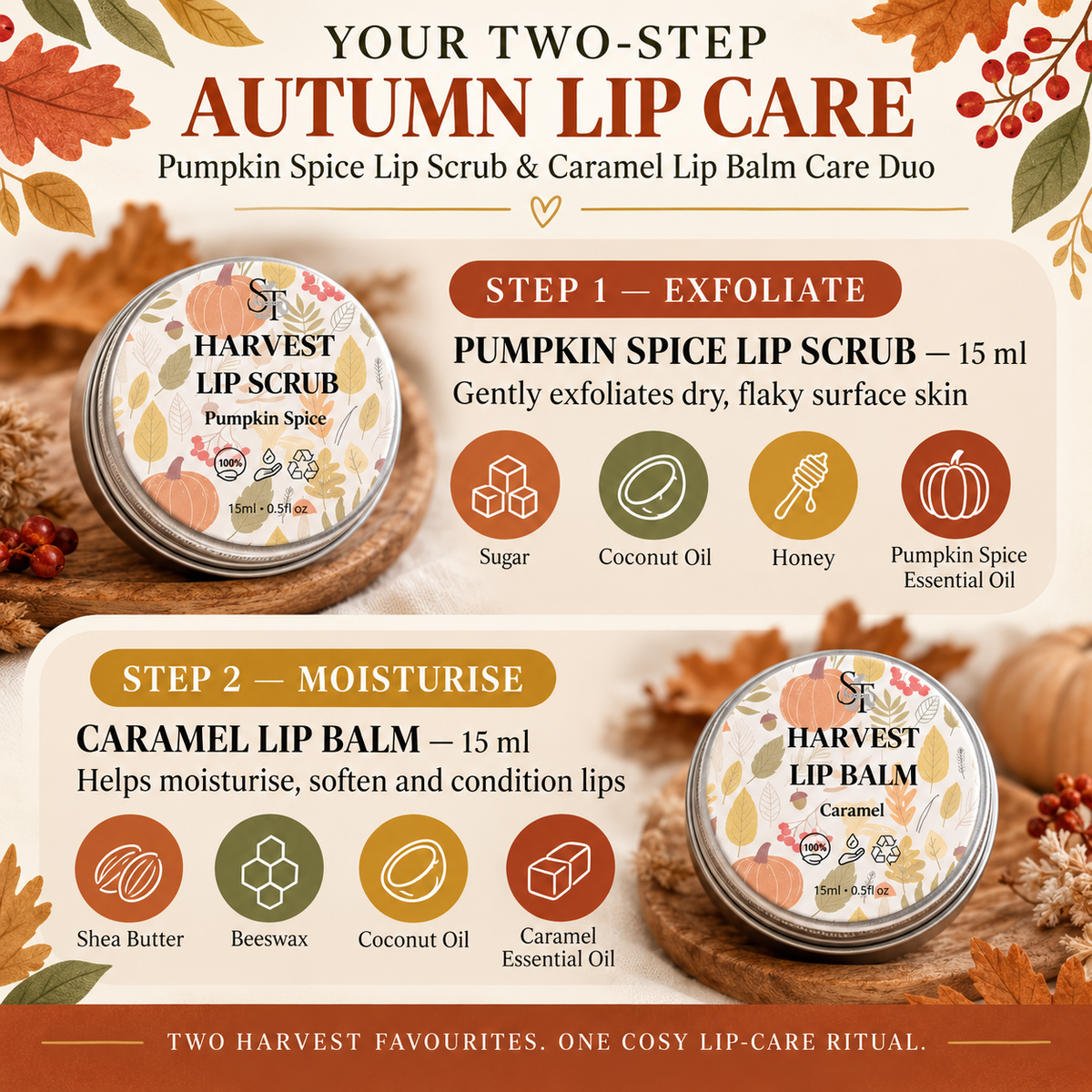 Pumpkin Spice Lip Scrub & Caramel Lip Balm Care Duo | Natural Lip Care