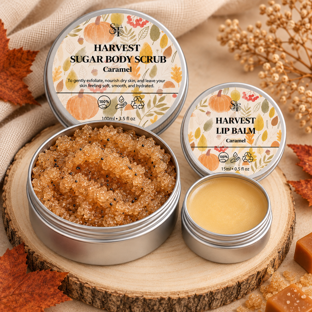Caramel Sugar Body Scrub & Caramel Lip Balm Duo | Autumn Self-Care Set