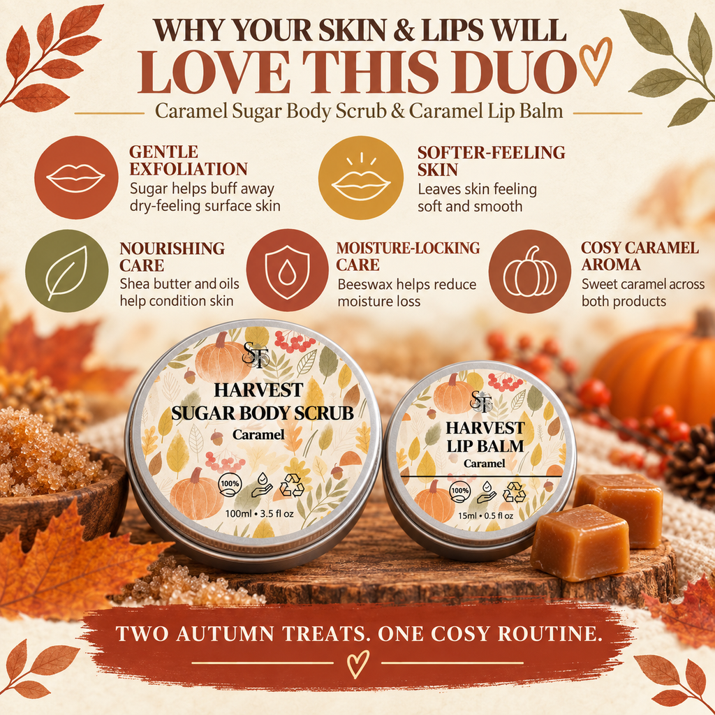 Caramel Sugar Body Scrub & Caramel Lip Balm Duo | Autumn Self-Care Set