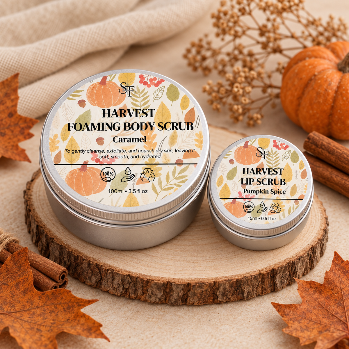 Caramel Foaming Body Scrub & Pumpkin Spice Lip Scrub Duo | Autumn Scrub Set
