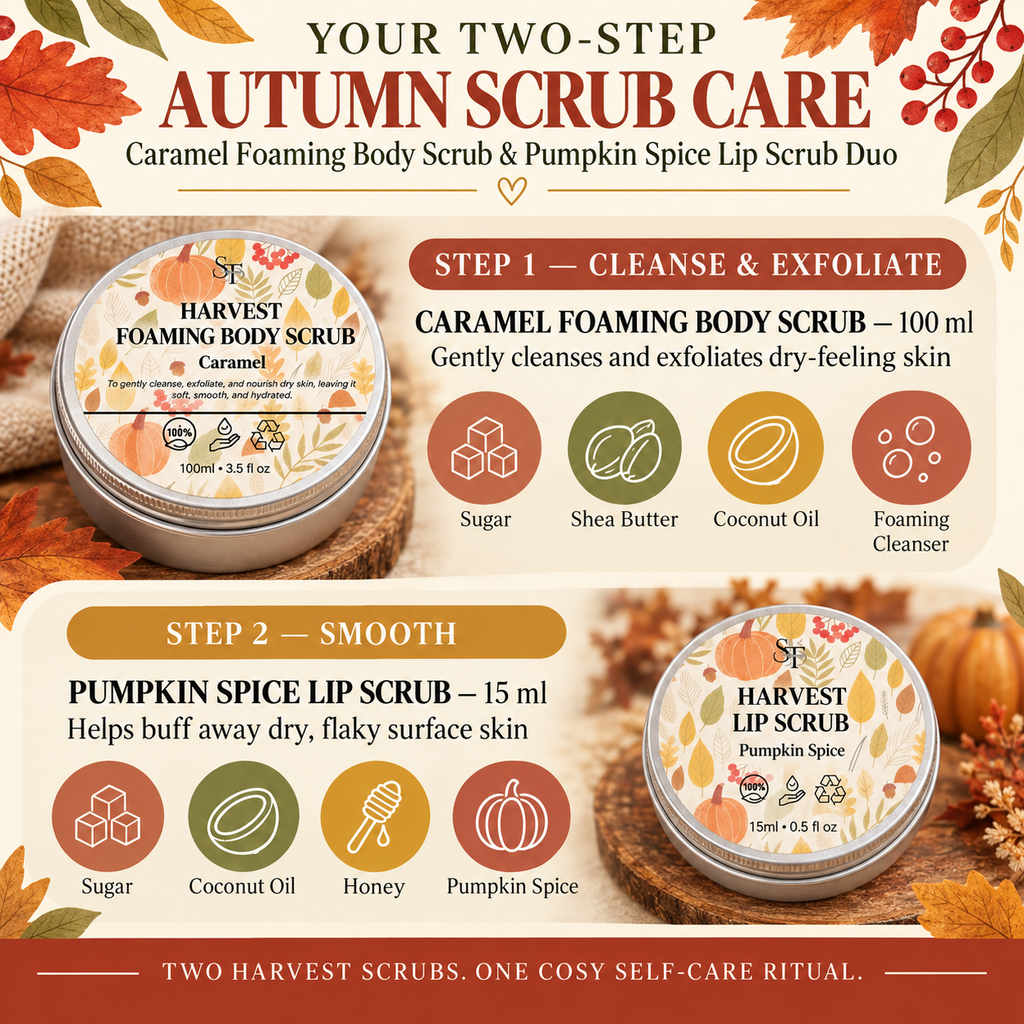 Caramel Foaming Body Scrub & Pumpkin Spice Lip Scrub Duo | Autumn Scrub Set