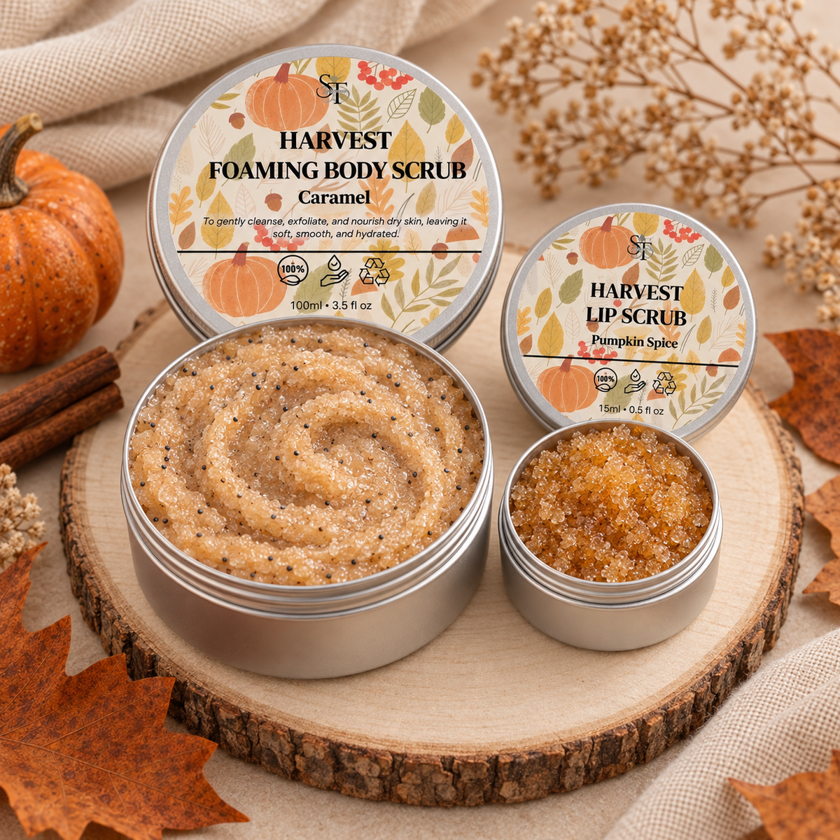 Caramel Foaming Body Scrub & Pumpkin Spice Lip Scrub Duo | Autumn Scrub Set